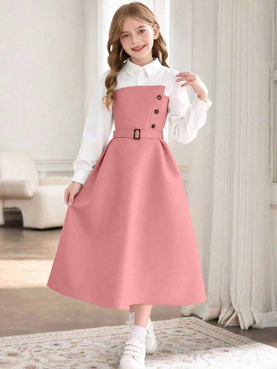 Tween Girl Elegant Long Sleeve Dress With Shirt Collar, 2 In 1 Design, Perfect For Casual And Commuting Wear In Spring, Fall And Spring, And Winter - Pink - View 1