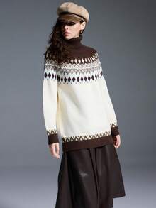 MYSTAURA Women's Casual Colorblock Geometric Pattern Turtleneck Sweater, Autumn/Winter - لون مشمشي - مشاهدة 5