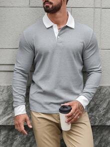 Manfinity CasualCool 男士休闲撞色长袖Polo衫，秋季男士针织衫，男士翻领Polo衫，男士长袖Polo衫 - 淺灰色 - 查看 5