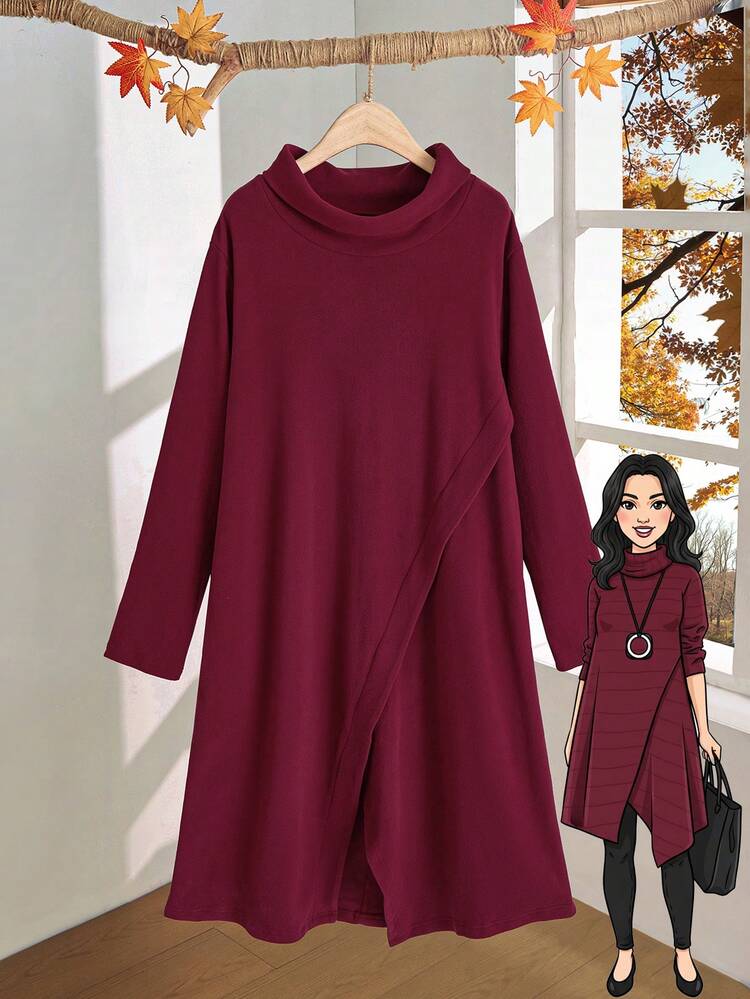 Plus Size Women Winter /Fall Country Casual  Asymmetrical Solid Color Wine Red High Neck  Long Sleeve Warm Dress With Pockets, Burgundy,Autumn/Winter,Going Out Outfits,2025 New Clothes,Simple And Fashionable For Everyday Wear, Plus Size Winter Clothes,Comfortable And Breathable,Christmas Outfit For Women ,New Year Clothes,Thanksgiving Outfit For Women,Date Night Outfits Women