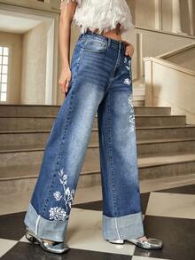 Selenza Jeans de mezclilla casual de mujer con dobladillo bordado y puños - Azul lavado oscuro - Ver 5