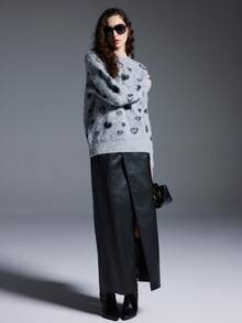 MYSTAURA Crew Neck Jacquard Contrast Color Long Sleeve Pullover Sweater - Grey - View 6