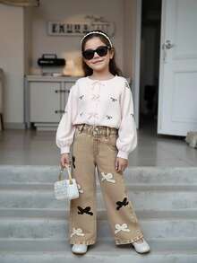 Young Girls Khaki Butterfly Embroidery Wide Leg Jeans - Khaki - View 9