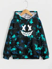 SHEIN Tween Boy Glow In Dark Smiling Face Splash Ink Print Long Sleeve Casual Sweatshirt, For Autumn - Green - View 2