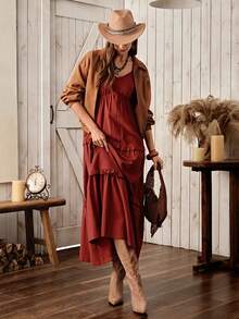 Wildy BOHO Casual Country Lace Patchwork Sleeveless Dress, Basic Outfit For Daily Wear, Suitable For Autumn/Winter And All Seasons - Red - View 4