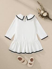 Souflis Souflis Baby Girl White Collared Black Striped Ruffle Hem Dress - White - View 2