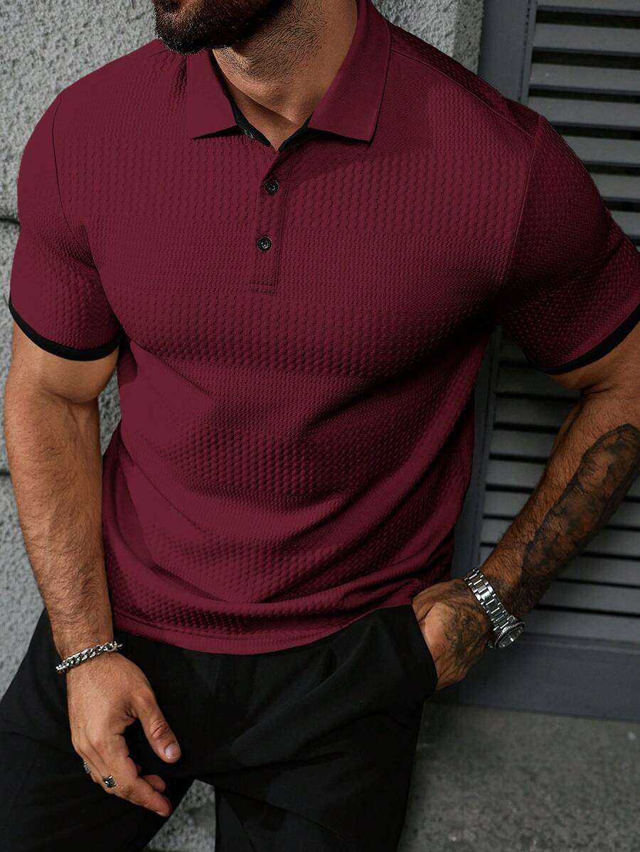 Manfinity CasualCool 男士休闲撞色滚边短袖Polo衫,夏季男士衬衫,男士高尔夫球衫,男士网眼衬衫,酒红色男士衬衫,男士短袖Polo衫,复古风格,适合日常休闲、周末旅行、户外活动、探险旅行、轻松的工作环境或半正式场合,可作为男友/丈夫礼物、周年纪念/生日礼物、派对礼物、圣诞节礼物、新年礼物、婚礼礼物。 - 酒紅色 - 查看 1