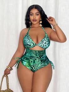 Slaydiva Đồ bơi một mảnh họa tiết da báo cỡ lớn cho nữ, kỳ nghỉ ở bãi biển - Màu xanh ngọc - Xem 3