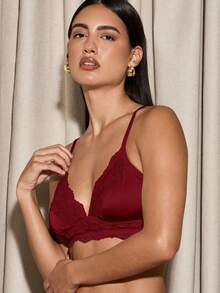 AiiRZ Lace Trimmed Deep V Neck Bralette With Adjustable Straps For Evening Occasions - Burgundy - View 4
