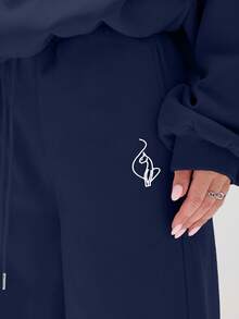 BABYPHAT Relaxed Baggy Sweatpants With Logo Embroidery Wide Leg Loungewear Joggers High Waisted Casual Comfort Pants - Navy Blue - View 2
