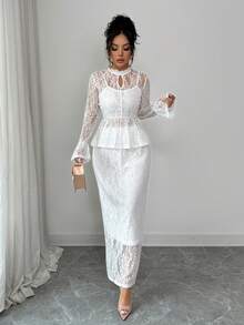 Elenzga Women's Elegant Lace Flare Sleeve Waist Fitted Top And Straight Hem Skirt 2 Pieces Set - White - View 7