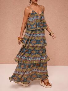JIAN LASALA All-Over Printed Chiffon Layered Front Tie Women Boho Maxi Dress Vacation Holiday Wear Long Dress Summer Tiered Maxi Dress Boho Maxi Dress Women Long Boho Dress Beach Wedding Guest - Multicolor - View 5