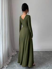 Elenzga Đầm dài tay xếp ly cổ tròn màu trơn thanh lịch dành cho nữ - Màu xanh Ô liu - Xem 2