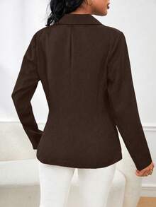 Chiquease 女士休闲百搭通勤纯色双排扣西装外套，夏季必备单品，夏季服装，女士夏季穿搭，女士夏季办公室休闲装，女士外套，女士棕色正装外套，女士西装外套，棕色西装外套 - 棕色 - 查看 2