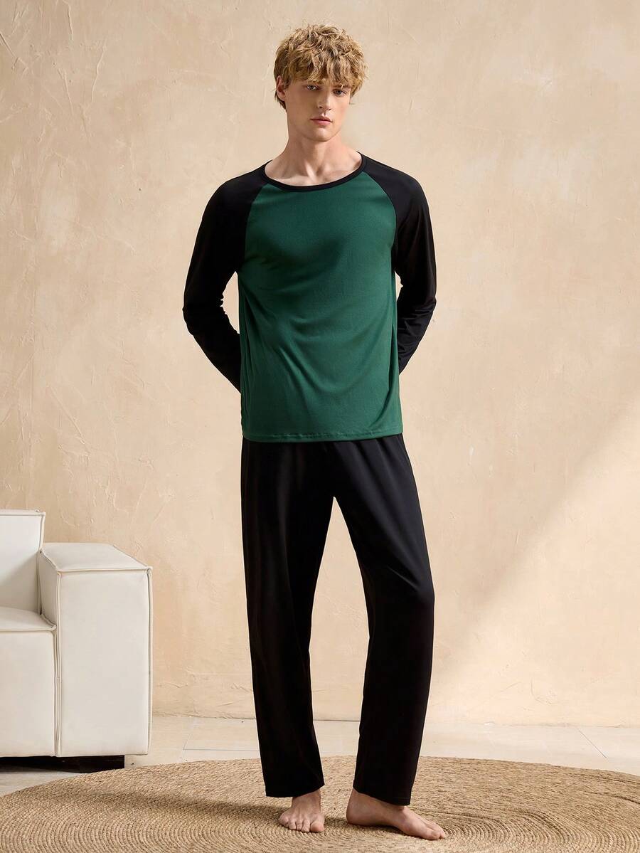 Manfinity Underwear&Sleepwear Basics 男士撞色拼接家居服套装，上衣和裤子，冬季服装 - 彩色 - 查看 1