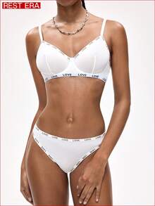 Rest Era Women's Letter Jacquard Underwire Push Up White Bra - White - View 3