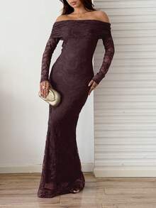 Sunnyshic Abito elegante da donna con spalle scoperte in pizzo e orlo a coda di pesce, adatto per matrimoni e feste di Natale - Caffè Marrone - Visualizzare 7
