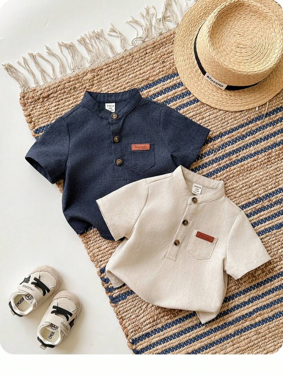 2 chiếc áo sơ mi tay ngắn đơn giản, màu trơn, dễ mặc, có nút cài trang trí cho bé trai - Màu be - Xem 1