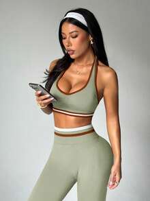 Dewbera Bộ đồ thể thao áo hở lưng và quần legging viền tương phản dành cho nữ - màu xanh lá - Xem 6