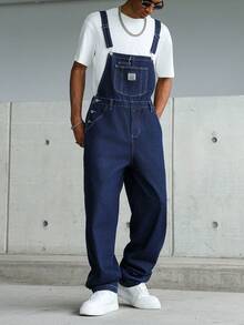 Manfinity Roghcode Men's Street Wear Multi-Pocket Chest Protector Blue Versatile Denim Overalls