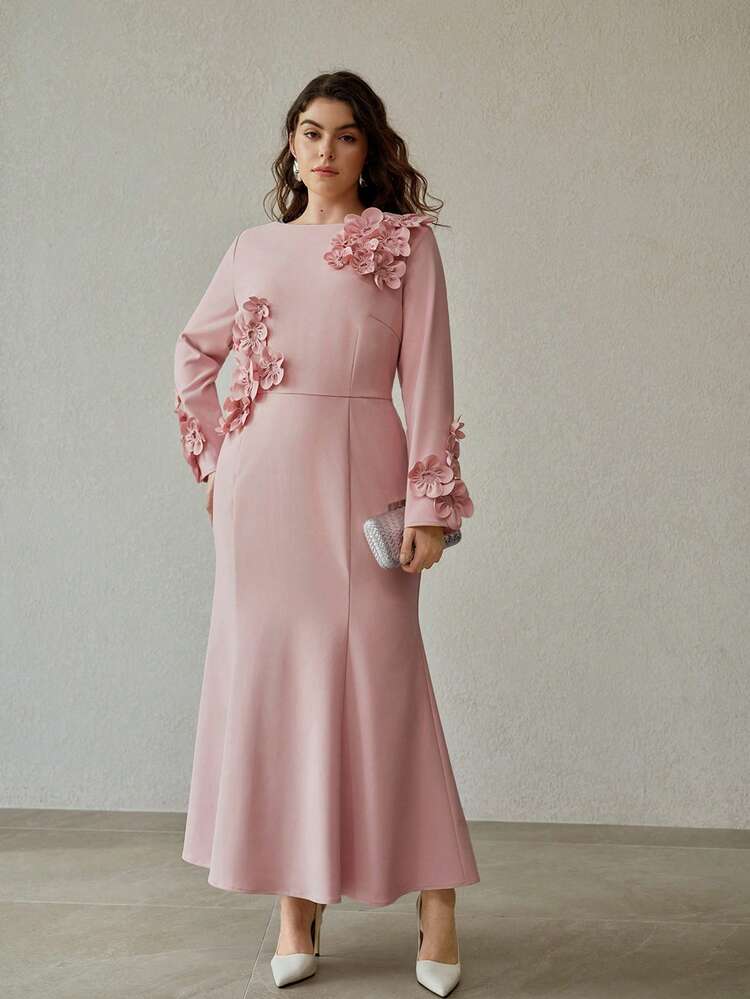 VESTIDO DE MANGA LARGA CON DECORACIÓN FLORAL 3D Y BAJO DE COLA DE SIRENA PARA MUJER TALLA GRANDE