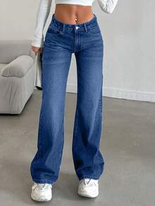 Quần jeans ống rộng cạp thấp túi giặt thời trang nữ - Màu xanh lam - Xem 4