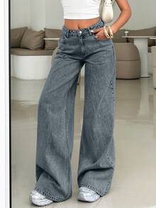SHEIN Cottnline WOMEN LOW WAIST WIDELEG GRAY WASH EVERY DAY CASUAL JEAN - Light Wash - View 4