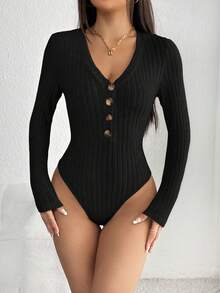 CovetEZ 加大码V领罗纹针织连体衣，粉色，毛绒质感，前开襟纽扣，秋冬款 - 黑色 - 查看 9