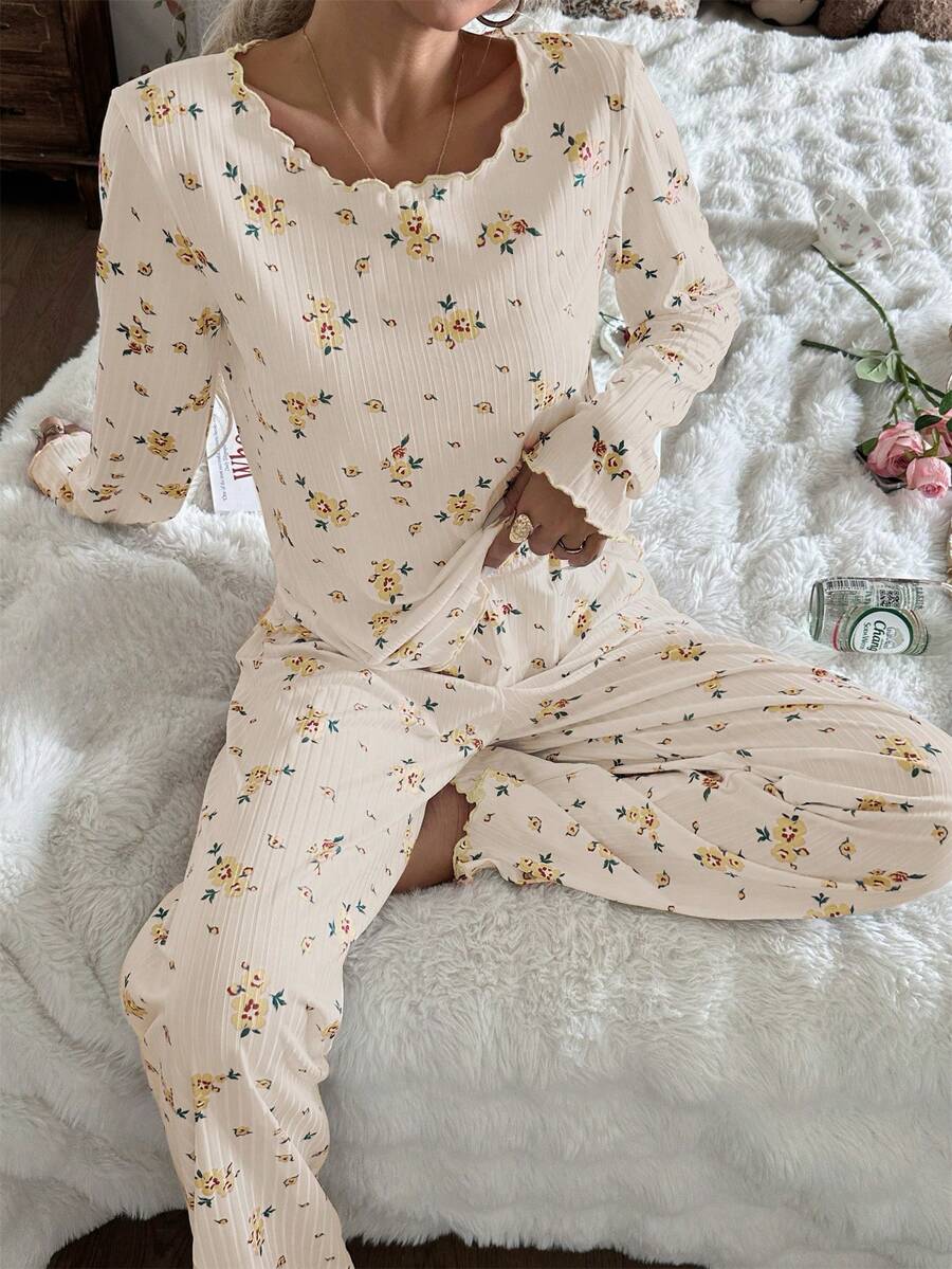 CottageSlumber 女士可爱碎花罗纹边长袖长裤浪漫花卉睡衣套装 - 黃色 - 查看 1