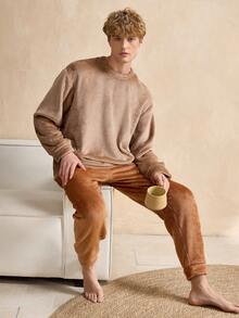 Men's Autumn/Winter Round Neck Top And Pants Fluffy Pajama Set - Multicolor - View 6