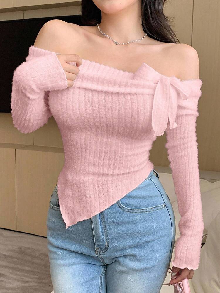 Women's Off Shoulder Furry Fitted Long Sleeve Casual Sexy Undershirt Cute Tops Y2k