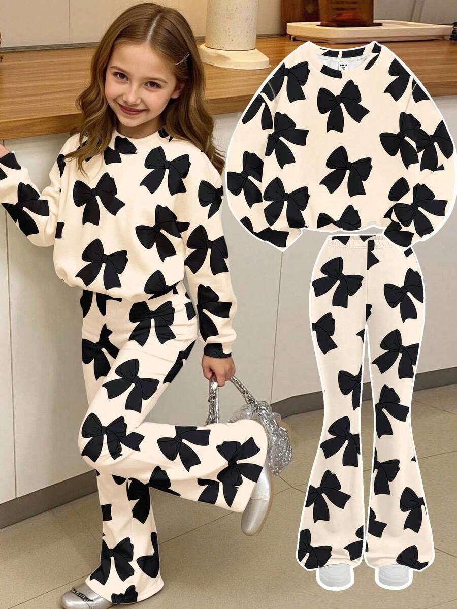 SHEIN Happikins Vintage Sweet Black Bow Print, Young Girl Casual Loose Fit Round Neck Long Sleeve Sweatshirt And Sweatpants 2 Pieces Set, Suitable For Autumn/Winter Casual, Campus, Sports, Outdoor, Street, Home - Multicolor - View 1