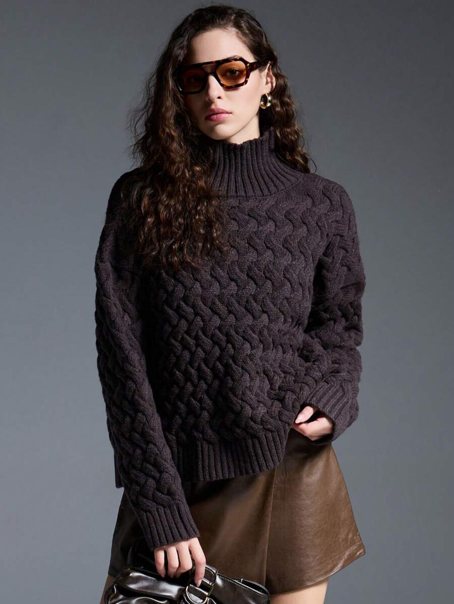 MYSTAURA Sweater Wanita Kasual Warna Polos dengan Kerah Tegak, Musim Gugur/Dingin - Dark Grey - View 1
