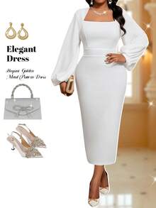 Fleurora 大码女式纯色天鹅领灯笼袖修身优雅连衣裙 - 白色 - 查看 6