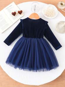 Souflis Souflis Infant/Toddler Girls' Burgundy Velvet Ruffle Collar Bow Tulle Long Sleeve Dress, Cute & Elegant For Casual, Holiday, Party - Blue - View 2