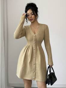 SHEIN Elenzya Women's Elegant Solid Color V-Neck Ribbed Button Long Sleeve Sweater Dress - Khaki - View 5