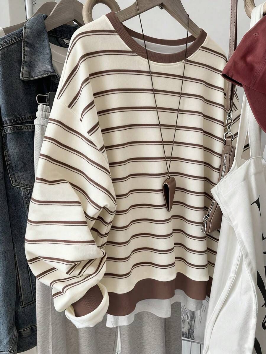 Resyla 韩版时尚百搭彩色条纹图案卫衣，适合外套、摄影、露营、秋季、冬季、返校，女士常规圆领 - 彩色 - 查看 1