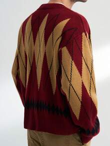 Airaco Cardigan de Tricô com Decote em V Losangular Masculino, Nova Coleção de Outono - Multicolorido - Visão 2