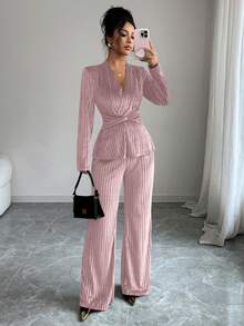 Elenzga 新款优雅V领扭腰长袖上衣和喇叭裤套装 - 淺粉色 - 查看 1