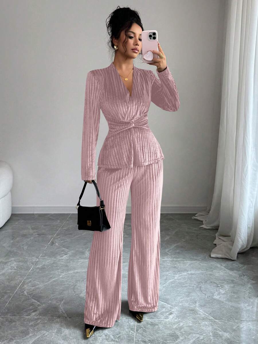 Elenzga 新款优雅V领扭腰长袖上衣和喇叭裤套装 - 淺粉色 - 查看 1