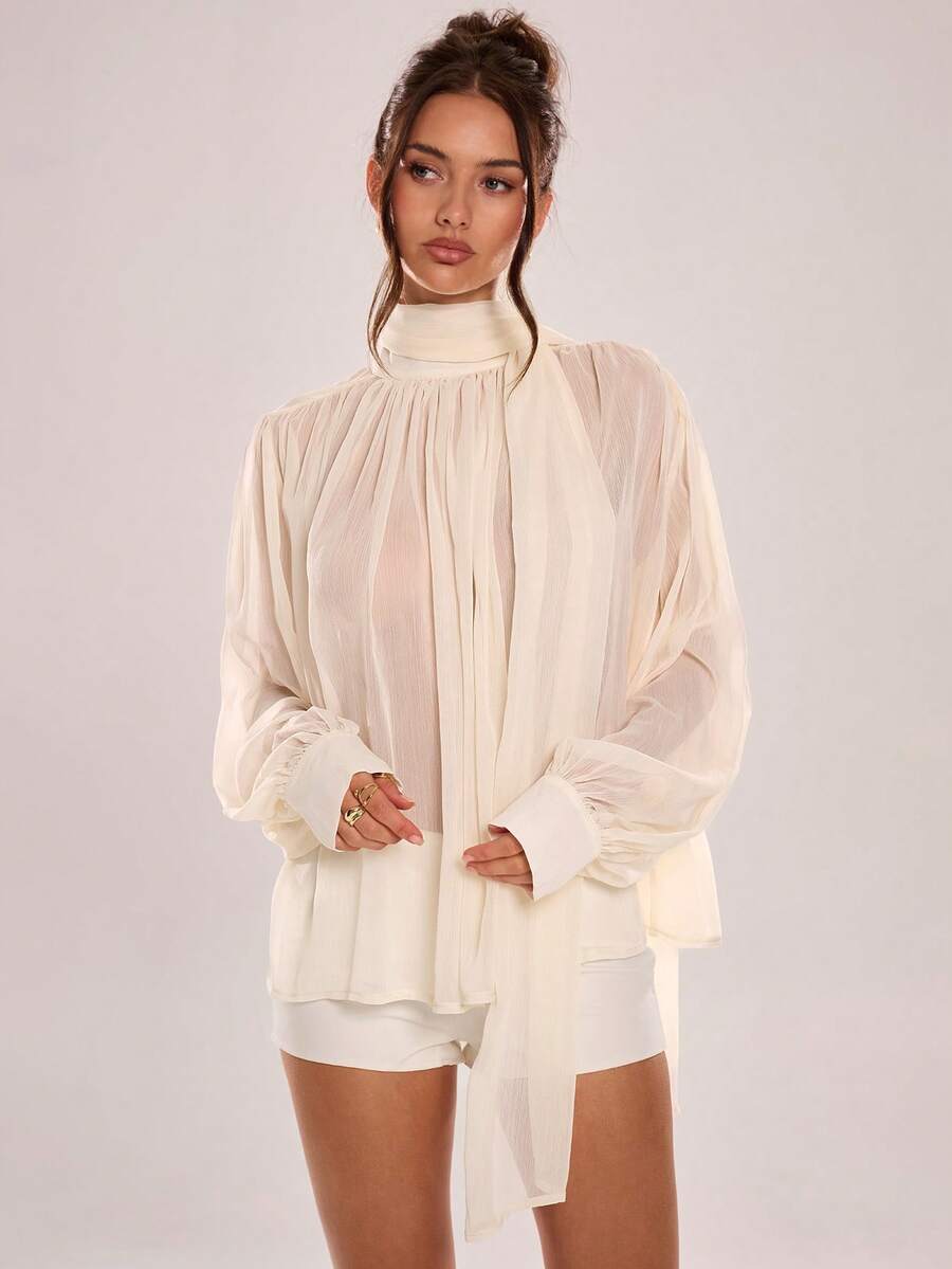 Avenya 夸张褶裥立领长领衬衫，性感轻薄透视上衣搭配优雅围巾，简约休闲办公衬衫，高端百搭宽松灯笼袖宫廷风衬衫，时尚拼接袖口设计，肯达尔风格，是新年、优雅、时尚、正式和外出场合的理想之选。 - 杏色 - 查看 1