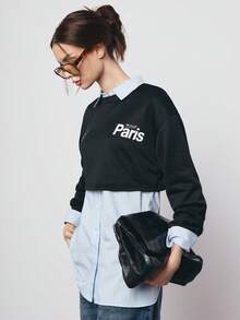 SURIMA Casual Minimalist Printed Pattern Cropped Loose Fit Women Sweatshirt - Black - View 2