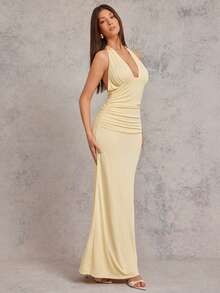 L'Amorae Elegant Low Neck Halter Tie Back Ruched Waist Butter Yellow Maxi Dress - Light Yellow - View 1