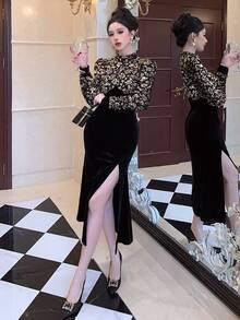 DAZY Women's Fashion Sequin Patchwork Mid-Length Party Dress Elegant Women Dresses Prom Dress - Black - View 9