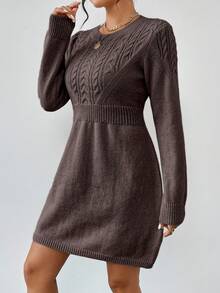 SHEIN LUNE Vestido de punto de cuello redondo de unicolor casual, otoño/invierno - Café integral - Ver 5