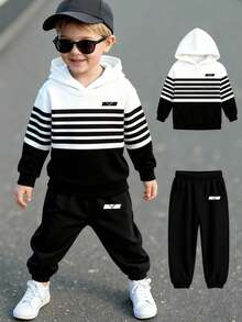 2pcs/Set Young BoyCasual Stylish Creative Graphic Striped Patchwork Hoodie And Sweatpants Outfit, Comfortable Cozy Fall & Winter Styles - Multicolor - View 1