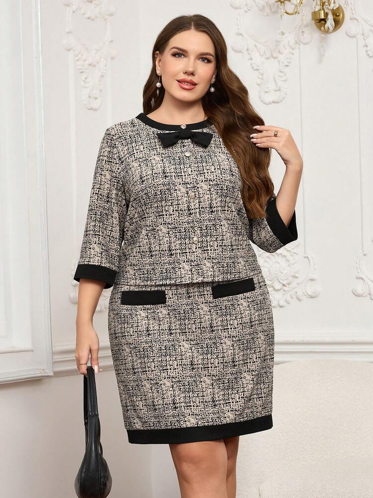 Ensemble élégant 2 pièces avec Top et jupe avec garniture contrastée et nœud décoratif, grande taille