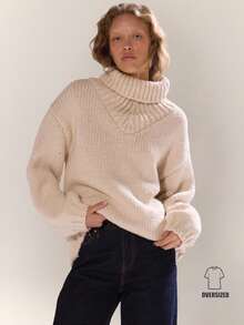 MUSERA High Neck Chunky Knit Boxy Fit Jumper Autumn Fall Winter Ski Vacation  Lounge Holidays Apres-Ski Aspen Thanksgiving - Cream - View 1