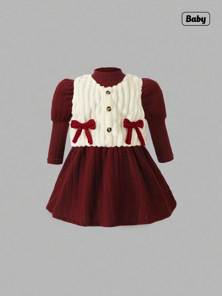 Sweetra Baby Girl With Autumn And Winter Fashion Elegant High Neck Puff Sleeve Waist-Hugging Solid Color Plush Textured Dress And Short Round Neck Fluffy Bow Decorative Plush Warm Vest Autumn And Winter Suit, Daily Wear - Multicolor - View 1