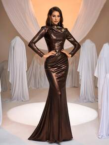 Aureia Elegant, Glamorous, And Stylish, This Deep Brown Metallic Dress Features A Handcrafted Three-Dimensional Metal Floral Embellishment, A Round Neck, Wide Shoulders, Long Sleeves With Pleats, And A Fishtail Train. Suitable For All Formal Occasions, This Is A Heavily Embellished Evening Gown.,Wedding Guest Dress For Women - Brown - View 7
